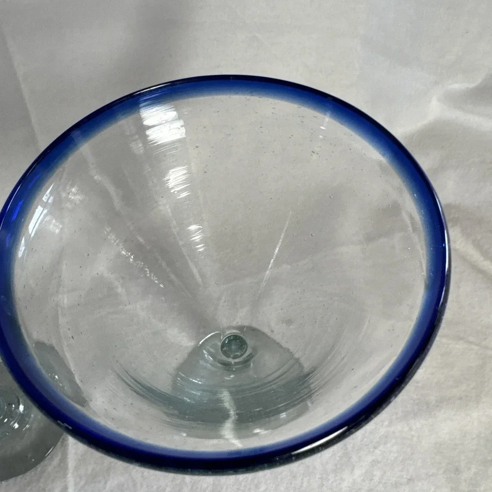 2 Tall Mexican Style Martini Margarita Glass Cobalt Blue Rim Handmade Glass